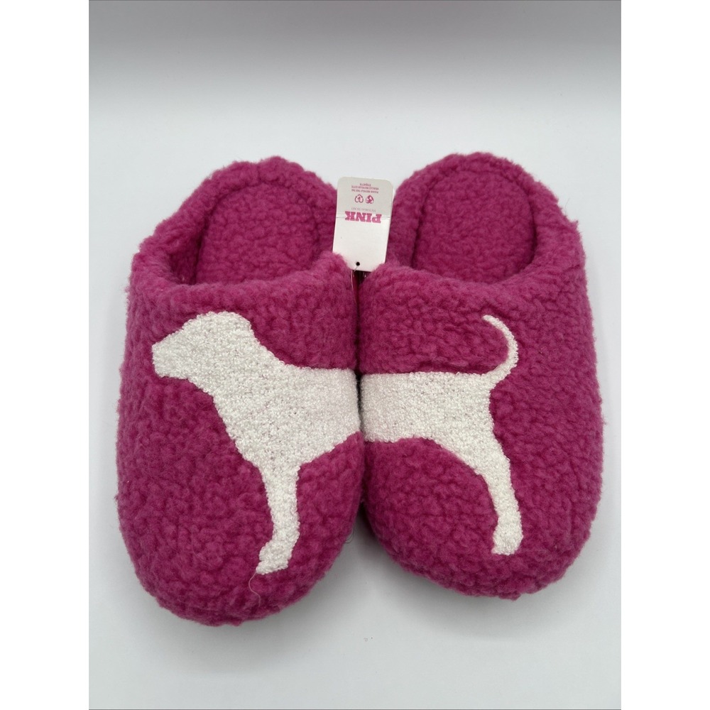 PINK By Victoria's Secret Sherpa Slippers Hot Pink White Dog Logo Clog Mule NWT